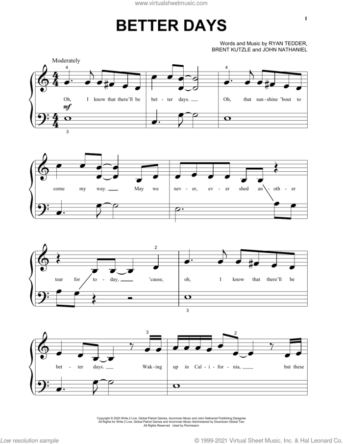 Better Days sheet music for piano solo (big note book) by OneRepublic, Brent Kutzle, John Nathaniel and Ryan Tedder, easy piano (big note book)