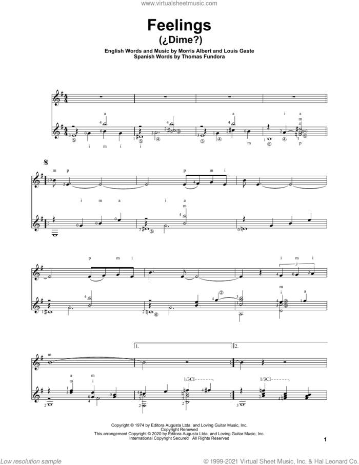 Feelings (ADime?) sheet music for guitar solo by Morris Albert, Charles Duncan, Louis Gaste and Thomas Fundora, intermediate skill level