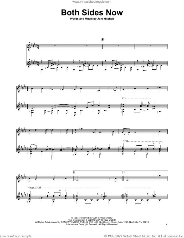 Both Sides Now sheet music for guitar solo by Joni Mitchell and Charles Duncan, intermediate skill level