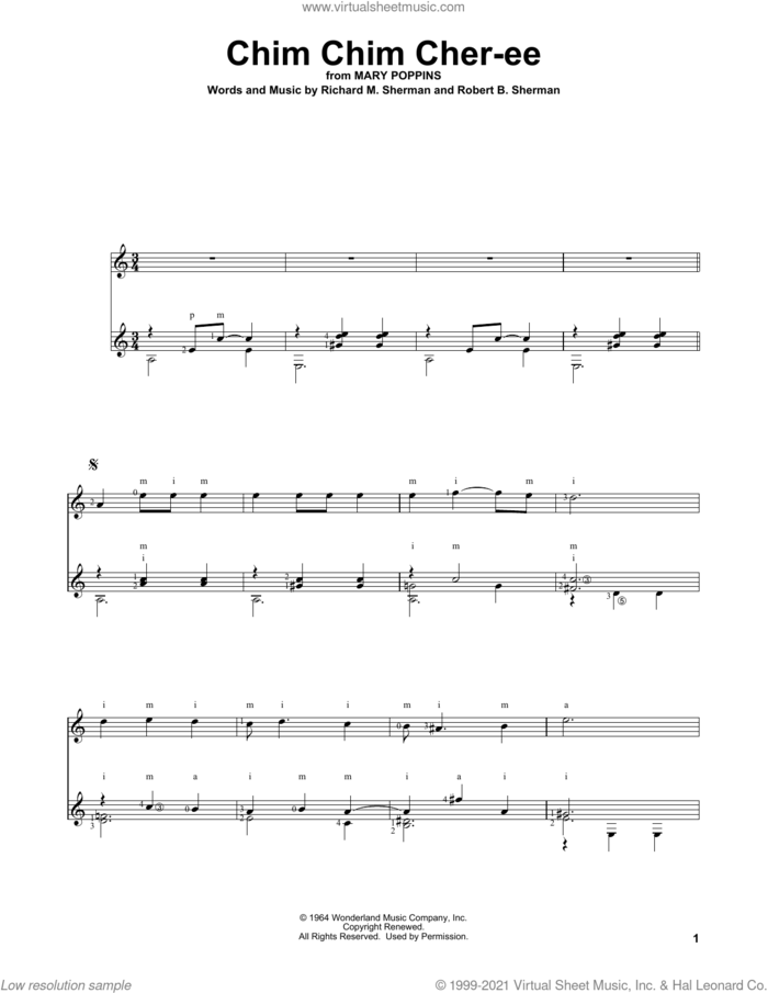 Chim Chim Cher-ee (from Mary Poppins) sheet music for guitar solo by Dick Van Dyke, Charles Duncan, Richard M. Sherman, Robert B. Sherman and Sherman Brothers, intermediate skill level