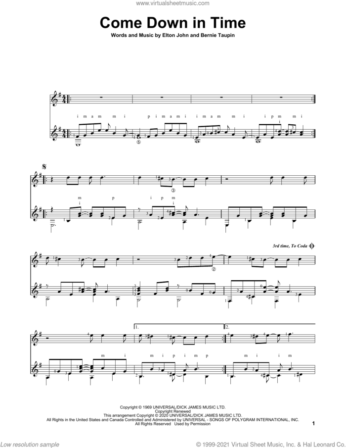 Come Down In Time sheet music for guitar solo by Elton John, Charles Duncan and Bernie Taupin, intermediate skill level