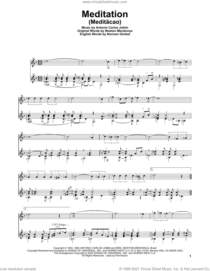 Meditation (Meditacao) sheet music for guitar solo by Norman Gimbel, Charles Duncan, Antonio Carlos Jobim and Newton Mendonca, intermediate skill level