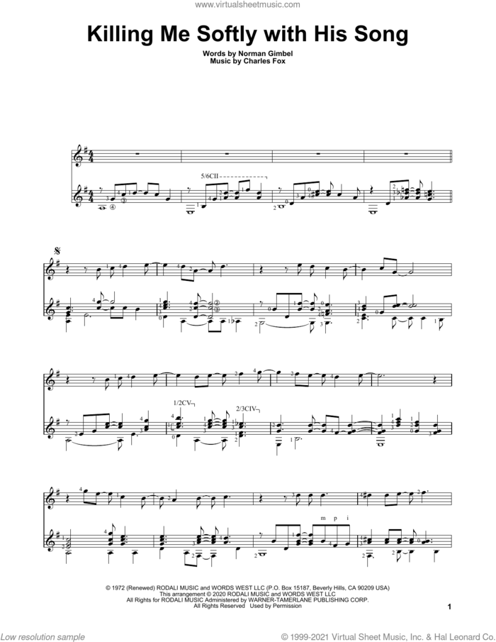 Killing Me Softly With His Song sheet music for guitar solo by Roberta Flack, Charles Duncan, Charles Fox and Norman Gimbel, intermediate skill level