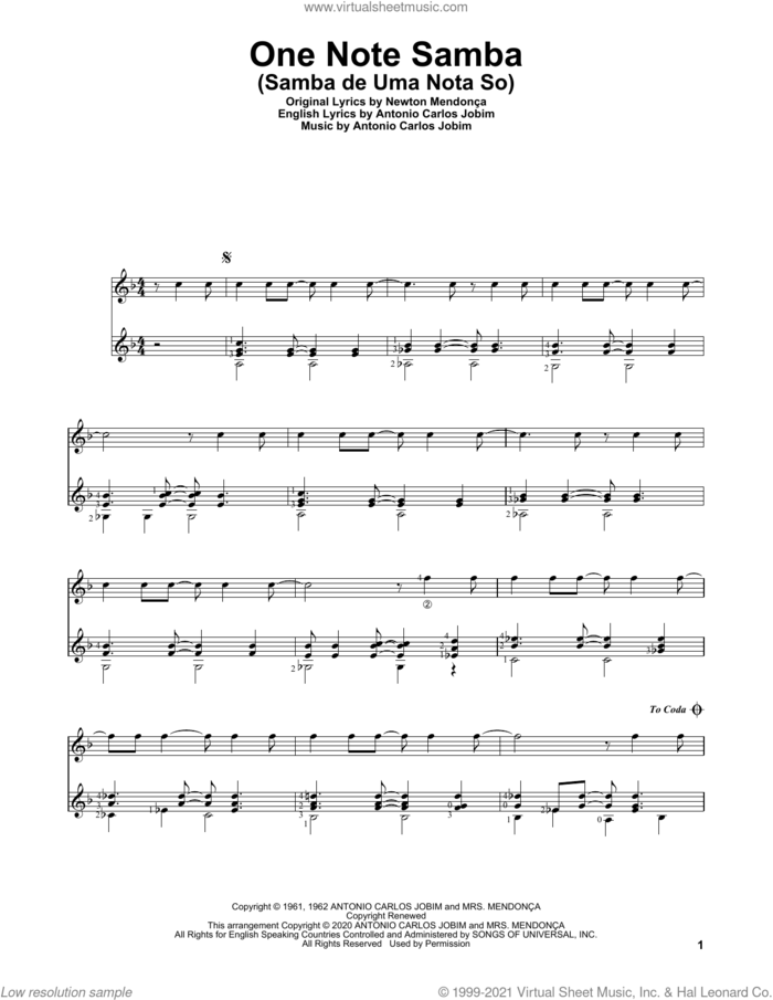 One Note Samba (Samba De Uma Nota So) sheet music for guitar solo by Antonio Carlos Jobim, Charles Duncan and Newton Mendonca, intermediate skill level