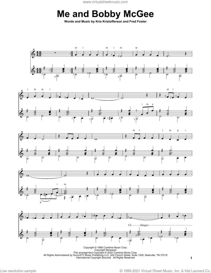 Me And Bobby McGee sheet music for guitar solo by Janis Joplin, Roger Miller, Charles Duncan, Fred Foster and Kris Kristofferson, intermediate skill level