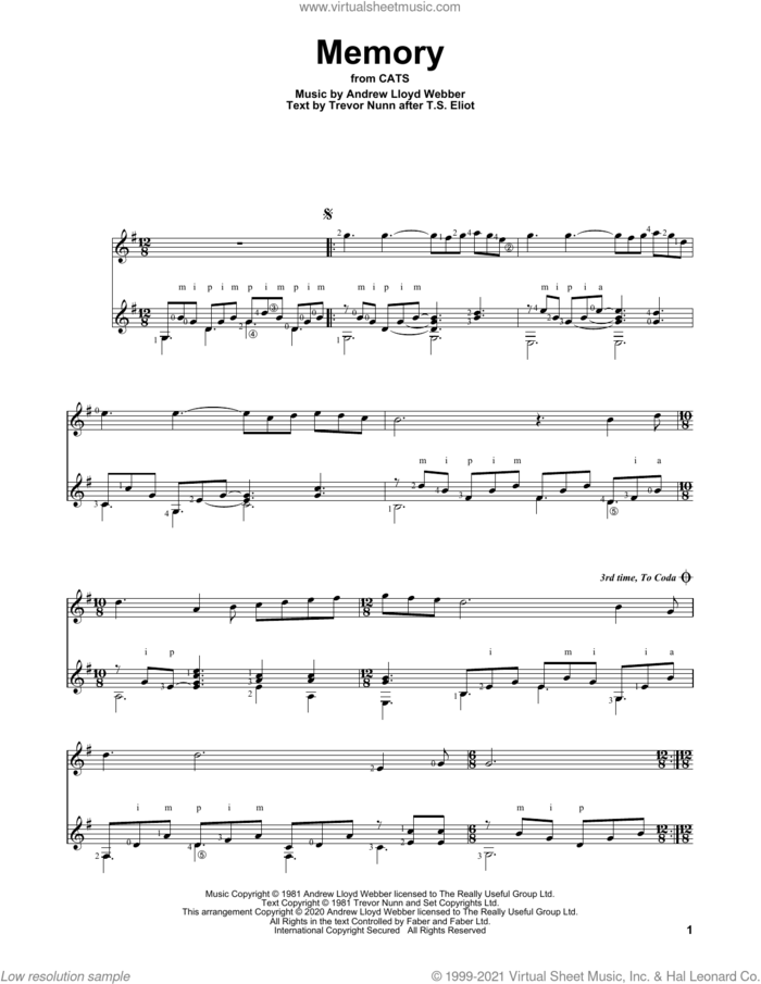Memory (from Cats), (intermediate) (from Cats) sheet music for guitar solo by Andrew Lloyd Webber, Charles Duncan and Trevor Nunn, intermediate skill level