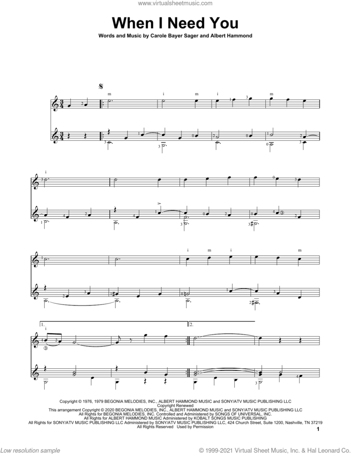 When I Need You sheet music for guitar solo by Leo Sayer, Charles Duncan, Albert Hammond and Carole Bayer Sager, intermediate skill level