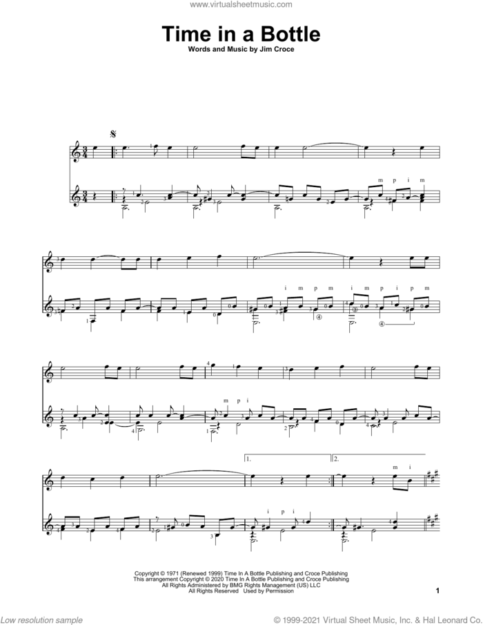 Time In A Bottle, (intermediate) sheet music for guitar solo by Jim Croce and Charles Duncan, intermediate skill level