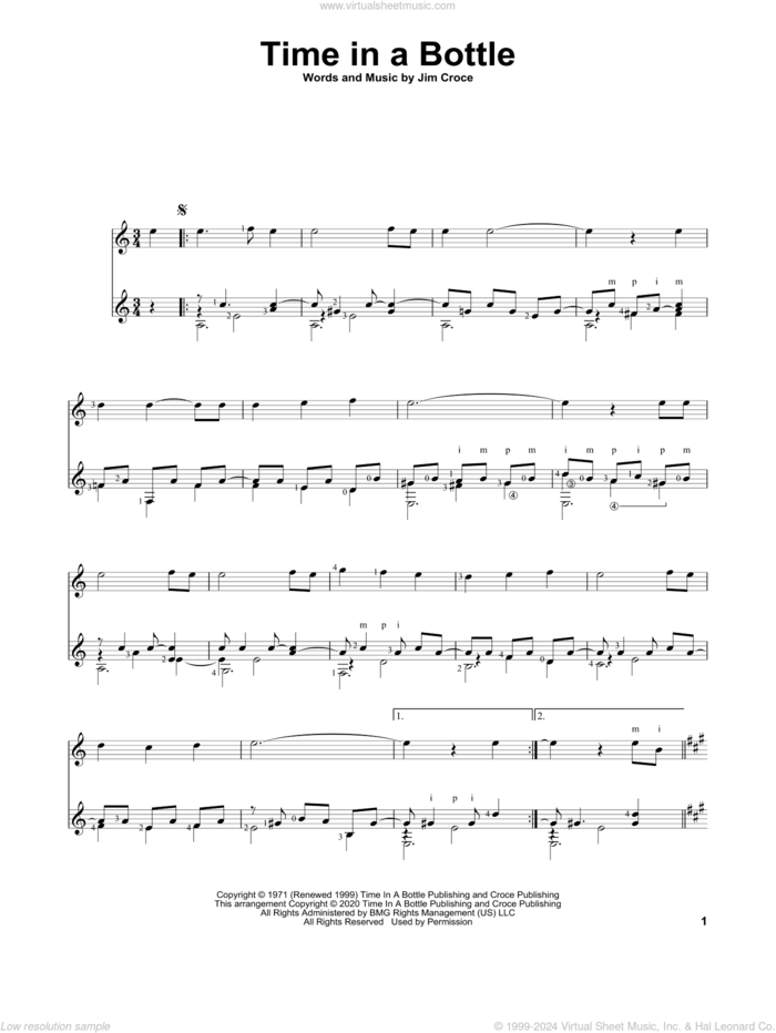 Time In A Bottle, (intermediate) sheet music for guitar solo by Jim Croce and Charles Duncan, intermediate skill level