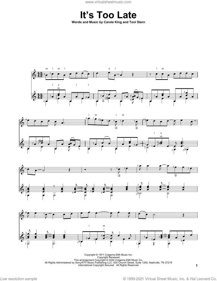 It's Too Late sheet music for guitar solo by Carole King, Charles Duncan and Toni Stern, intermediate skill level
