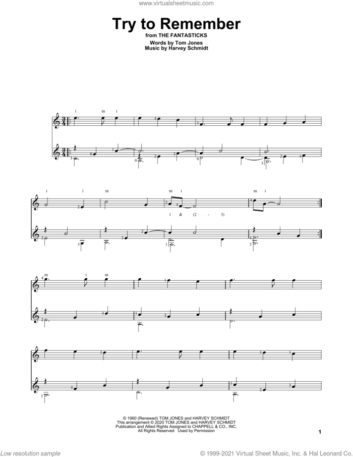 Try To Remember (from The Fantasticks) sheet music for guitar solo by Tom Jones, Charles Duncan and Harvey Schmidt, intermediate skill level