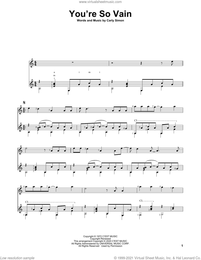 You're So Vain sheet music for guitar solo by Carly Simon and Charles Duncan, intermediate skill level