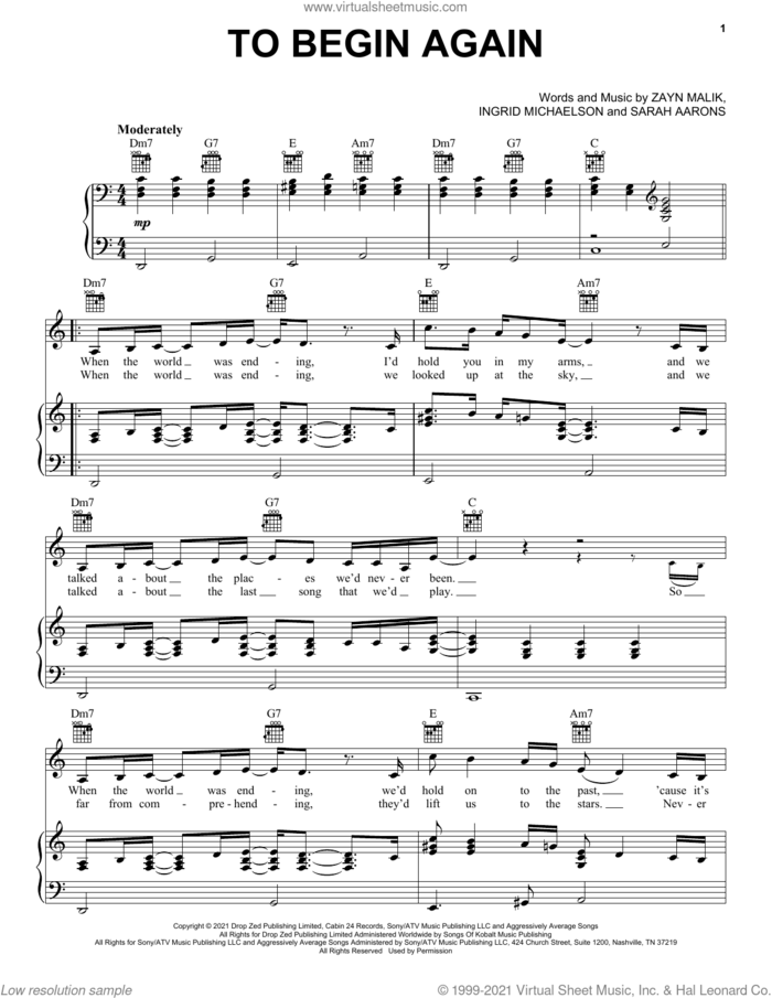 To Begin Again sheet music for voice, piano or guitar by Ingrid Michaelson & ZAYN, Ingrid Michaelson, Sarah Aarons and Zayn Malik, intermediate skill level