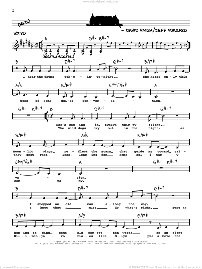 Africa sheet music for voice and other instruments (real book with lyrics) by Toto, David Paich and Jeff Porcaro, intermediate skill level