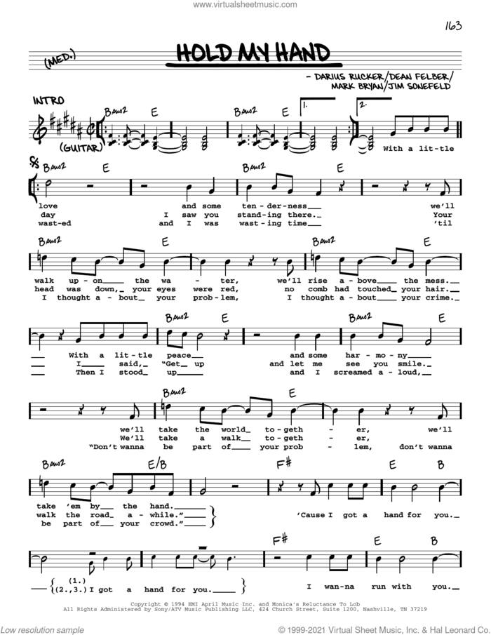 Hold My Hand sheet music for voice and other instruments (real book with lyrics) by Hootie & The Blowfish, Darius Rucker, Dean Felber, Jim Sonefeld and Mark Bryan, intermediate skill level