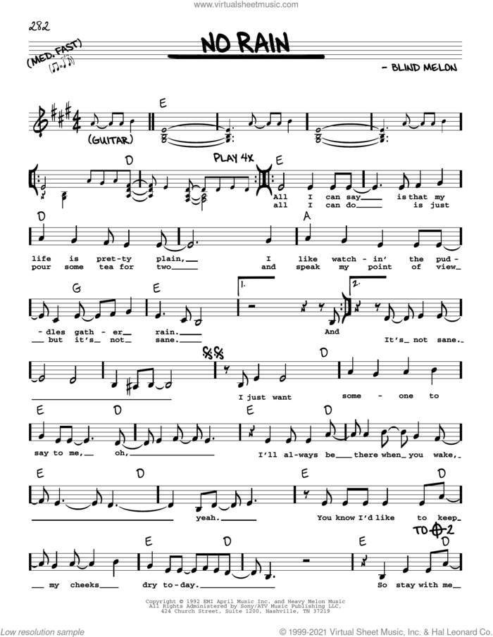 No Rain sheet music for voice and other instruments (real book with lyrics) by Blind Melon, intermediate skill level