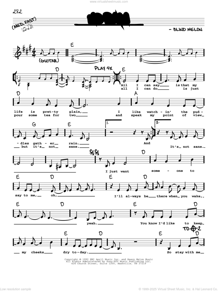 No Rain sheet music for voice and other instruments (real book with lyrics) by Blind Melon, intermediate skill level