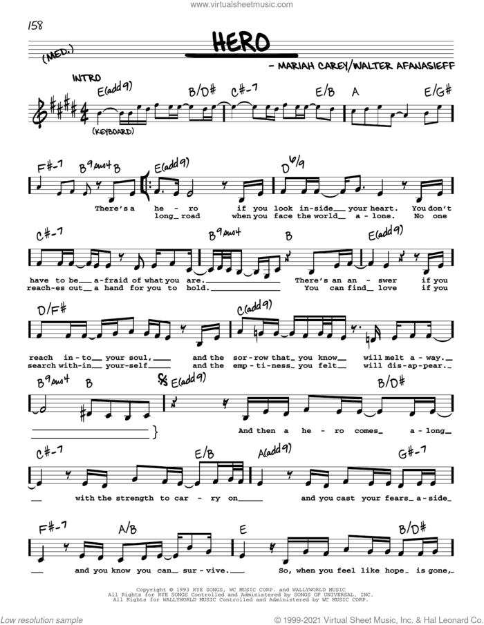 Hero sheet music for voice and other instruments (real book with lyrics) by Mariah Carey and Walter Afanasieff, intermediate skill level