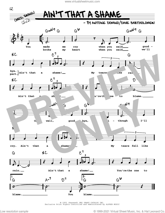 Ain't That A Shame sheet music for voice and other instruments (real book with lyrics) by Fats Domino, Antoine Domino and Dave Bartholomew, intermediate skill level