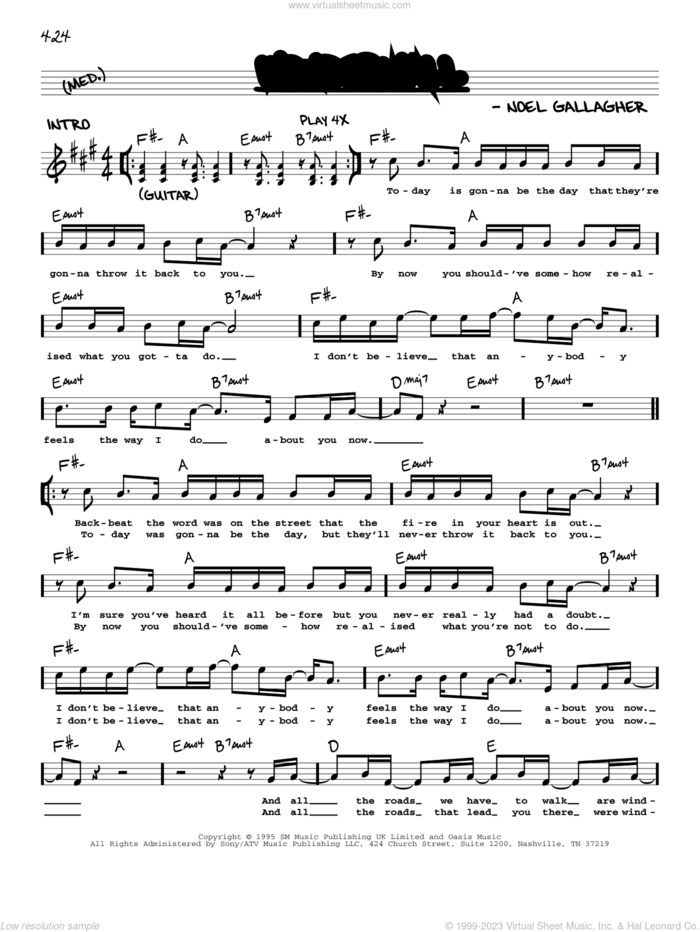 Wonderwall sheet music for voice and other instruments (real book with lyrics) by Oasis and Noel Gallagher, intermediate skill level