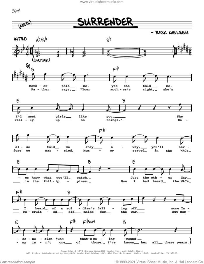 Surrender sheet music for voice and other instruments (real book with lyrics) by Cheap Trick and Rick Nielsen, intermediate skill level