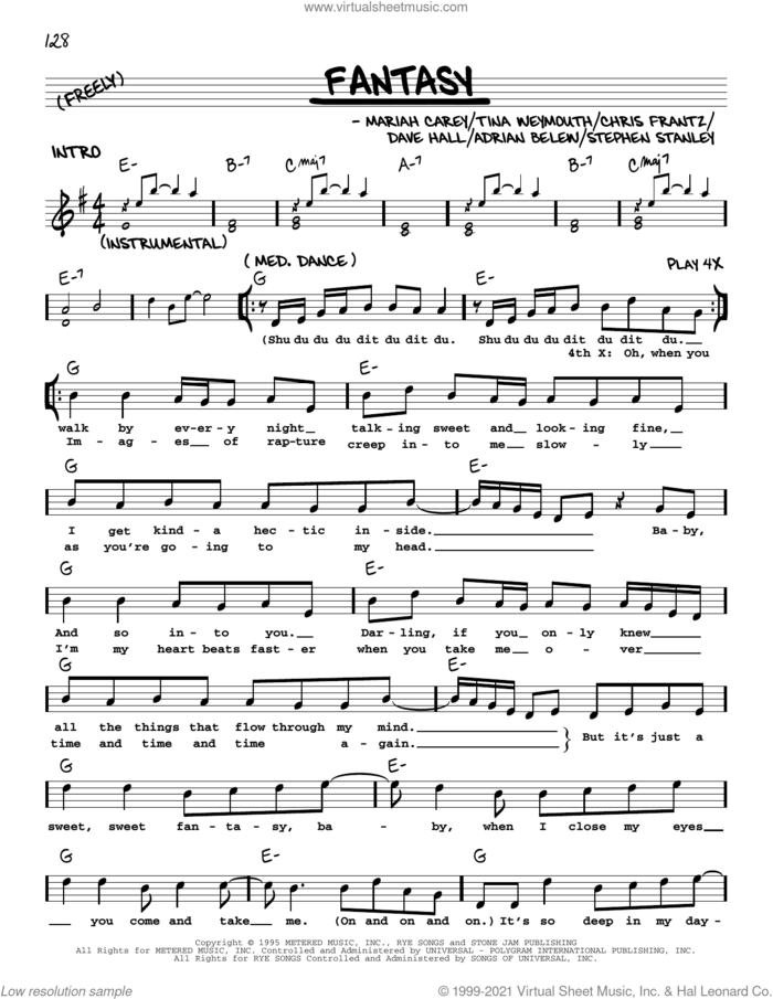 Fantasy sheet music for voice and other instruments (real book with lyrics) by Mariah Carey, Adrian Belew, Chris Frantz, Dave Hall, Stephen Stanley and Tina Weymouth, intermediate skill level