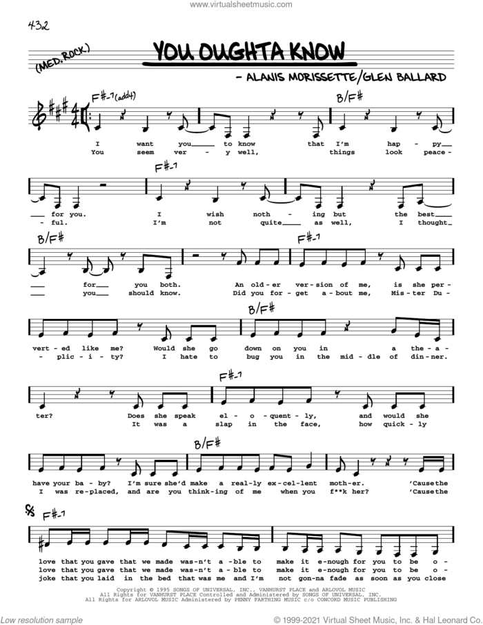 You Oughta Know sheet music for voice and other instruments (real book with lyrics) by Alanis Morissette and Glen Ballard, intermediate skill level