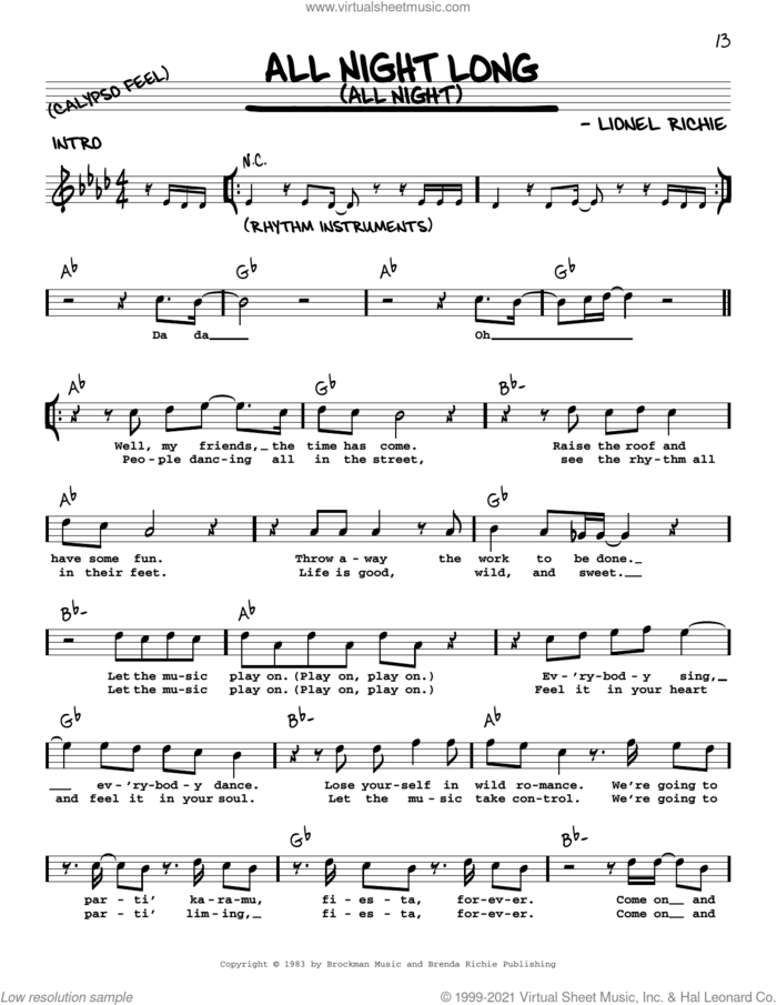 All Night Long (All Night) sheet music for voice and other instruments (real book with lyrics) by Lionel Richie, intermediate skill level