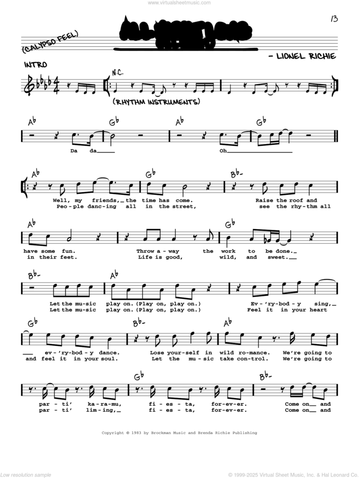 All Night Long (All Night) sheet music for voice and other instruments (real book with lyrics) by Lionel Richie, intermediate skill level