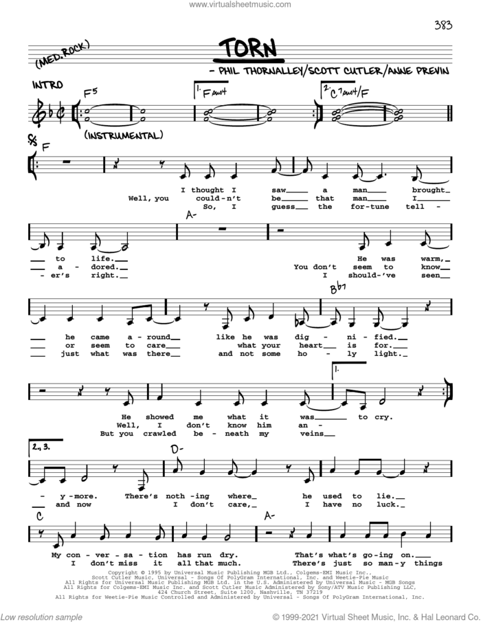Torn sheet music for voice and other instruments (real book with lyrics) by Natalie Imbruglia, Anne Previn, Phil Thornalley and Scott Cutler, intermediate skill level