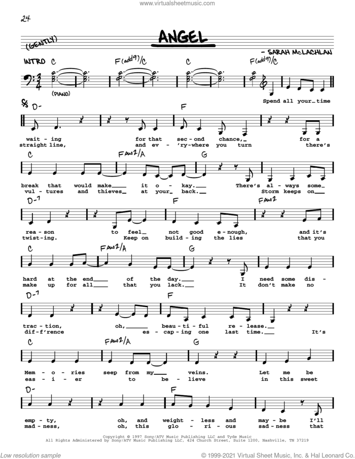 Angel sheet music for voice and other instruments (real book with lyrics) by Sarah McLachlan, intermediate skill level