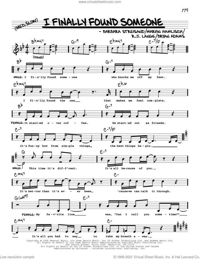 I Finally Found Someone sheet music for voice and other instruments (real book with lyrics) by Barbra Streisand and Bryan Adams, Barbra Streisand, Bryan Adams, Marvin Hamlisch and Robert John Lange, intermediate skill level