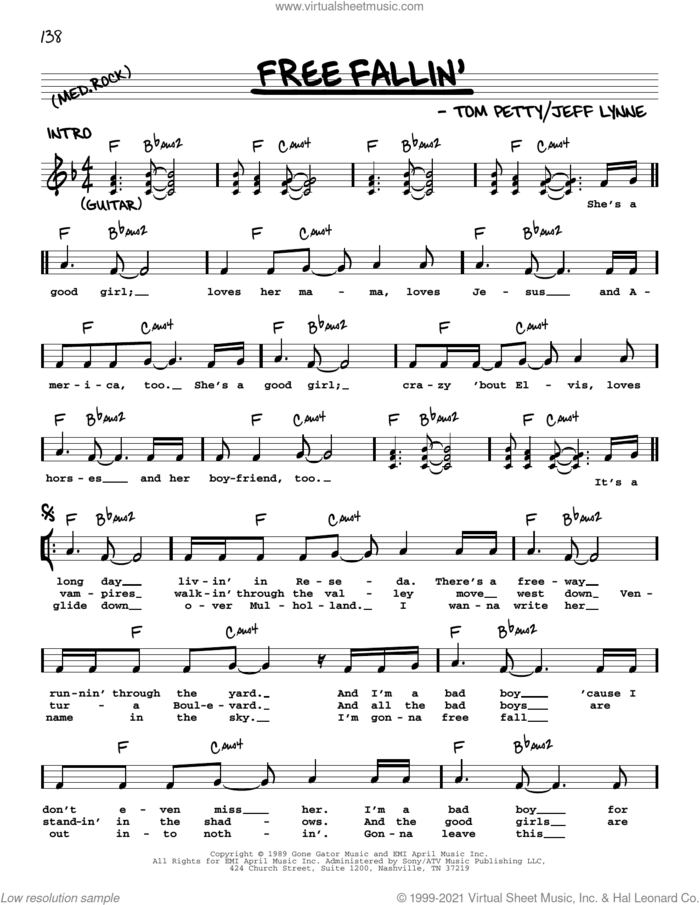 Free Fallin' sheet music for voice and other instruments (real book with lyrics) by Tom Petty and Jeff Lynne, intermediate skill level