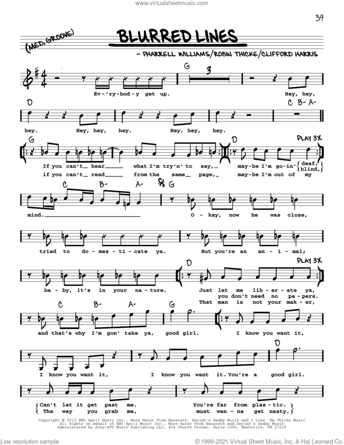 Blurred Lines sheet music for voice and other instruments (real book with lyrics) by Robin Thicke, Clifford Harris and Pharrell Williams, intermediate skill level
