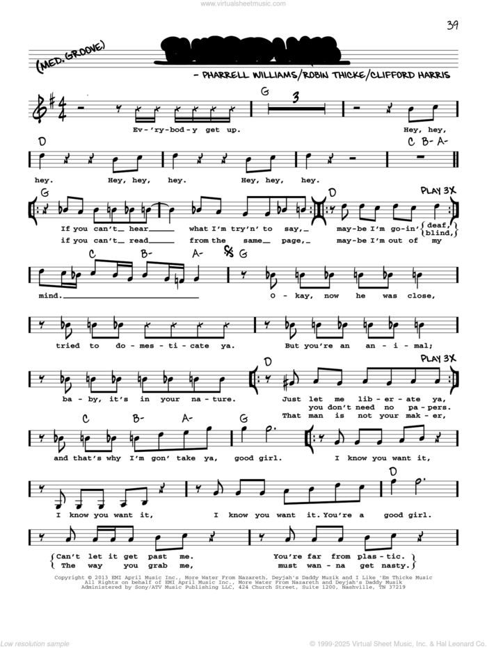 Blurred Lines sheet music for voice and other instruments (real book with lyrics) by Robin Thicke, Clifford Harris and Pharrell Williams, intermediate skill level