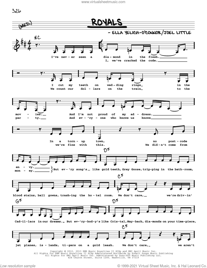 Royals sheet music for voice and other instruments (real book with lyrics) by Lorde and Joel Little, intermediate skill level