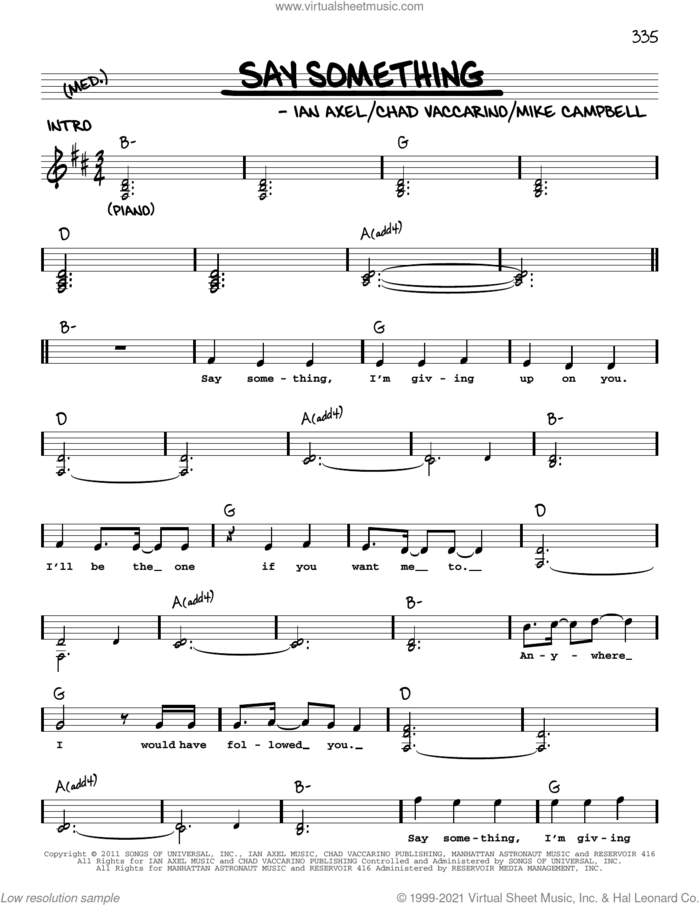 Say Something sheet music for voice and other instruments (real book with lyrics) by A Great Big World, Chad Vaccarino, Ian Axel and Mike Campbell, intermediate skill level