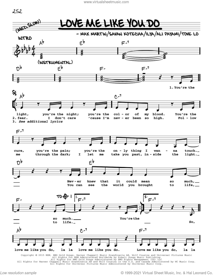 Love Me Like You Do sheet music for voice and other instruments (real book with lyrics) by Ellie Goulding, Ali Payami, Ilya, Max Martin, Savan Kotecha and Tove Lo, intermediate skill level