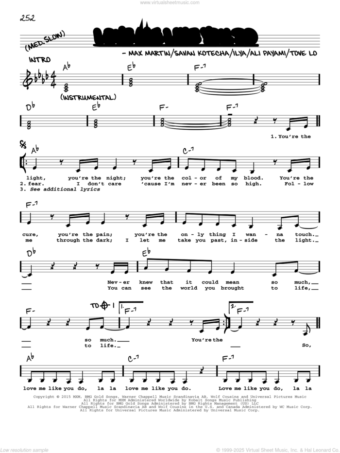 Love Me Like You Do sheet music for voice and other instruments (real book with lyrics) by Ellie Goulding, Ali Payami, Ilya, Max Martin, Savan Kotecha and Tove Lo, intermediate skill level