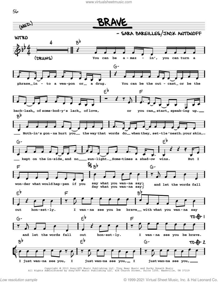 Brave sheet music for voice and other instruments (real book with lyrics) by Sara Bareilles and Jack Antonoff, intermediate skill level