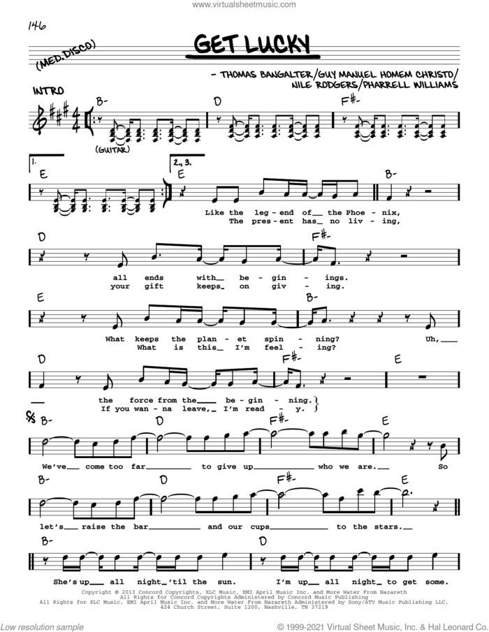 Get Lucky (feat. Pharrell Williams and Nile Rodgers) sheet music for voice and other instruments (real book with lyrics) by Daft Punk, Guy Manuel Homem Christo, Nile Rodgers, Pharrell Williams and Thomas Bangalter, intermediate skill level