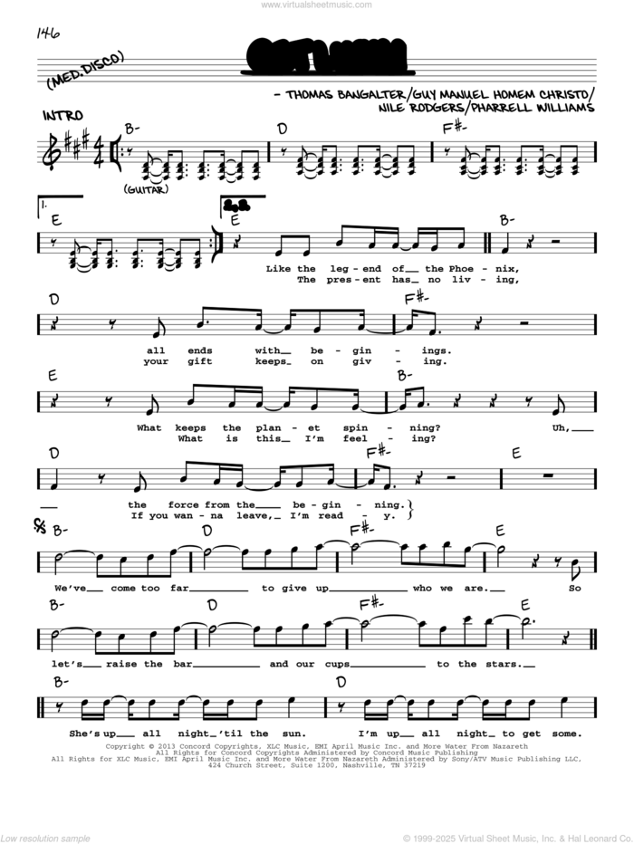 Get Lucky (feat. Pharrell Williams and Nile Rodgers) sheet music for voice and other instruments (real book with lyrics) by Daft Punk, Guy Manuel Homem Christo, Nile Rodgers, Pharrell Williams and Thomas Bangalter, intermediate skill level