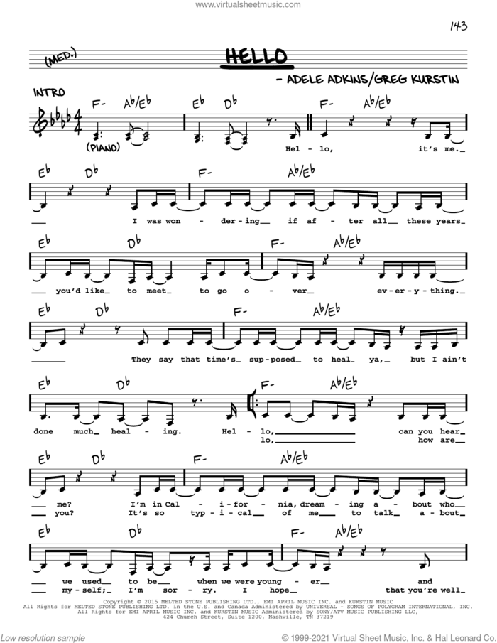 Hello sheet music for voice and other instruments (real book with lyrics) by Adele, Adele Adkins and Greg Kurstin, intermediate skill level