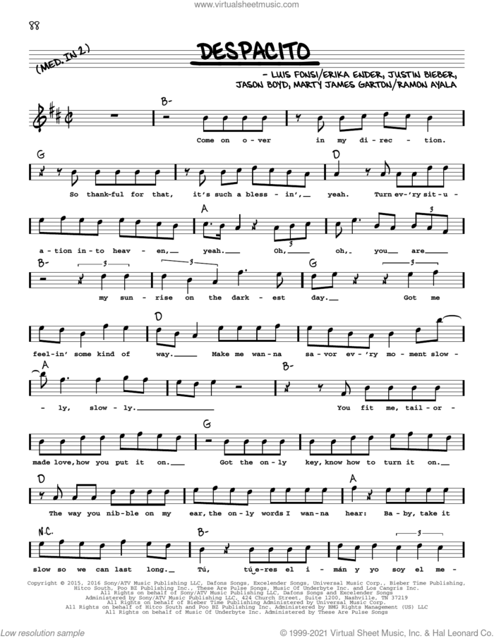 Despacito (feat. Justin Bieber) sheet music for voice and other instruments (real book with lyrics) by Luis Fonsi & Daddy Yankee, Erika Ender, Luis Fonsi and Ramon Ayala, intermediate skill level