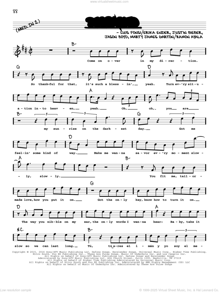 Despacito (feat. Justin Bieber) sheet music for voice and other instruments (real book with lyrics) by Luis Fonsi & Daddy Yankee, Erika Ender, Luis Fonsi and Ramon Ayala, intermediate skill level