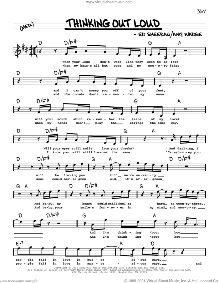 Thinking Out Loud sheet music for voice and other instruments (real book with lyrics) by Ed Sheeran and Amy Wadge, wedding score, intermediate skill level