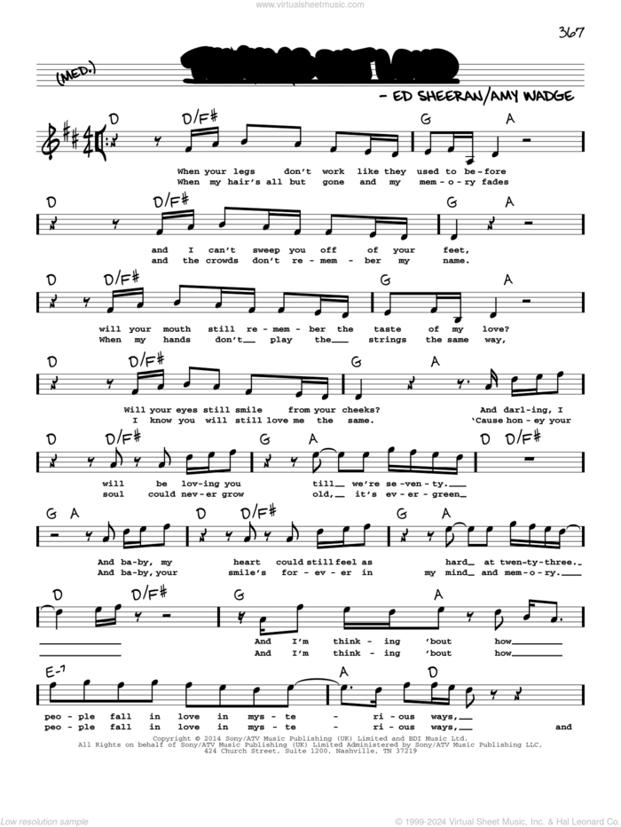 Thinking Out Loud sheet music for voice and other instruments (real book with lyrics) by Ed Sheeran and Amy Wadge, wedding score, intermediate skill level