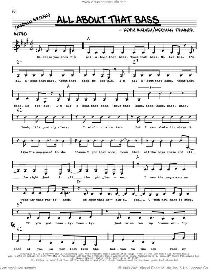 All About That Bass sheet music for voice and other instruments (real book with lyrics) by Meghan Trainor and Kevin Kadish, intermediate skill level