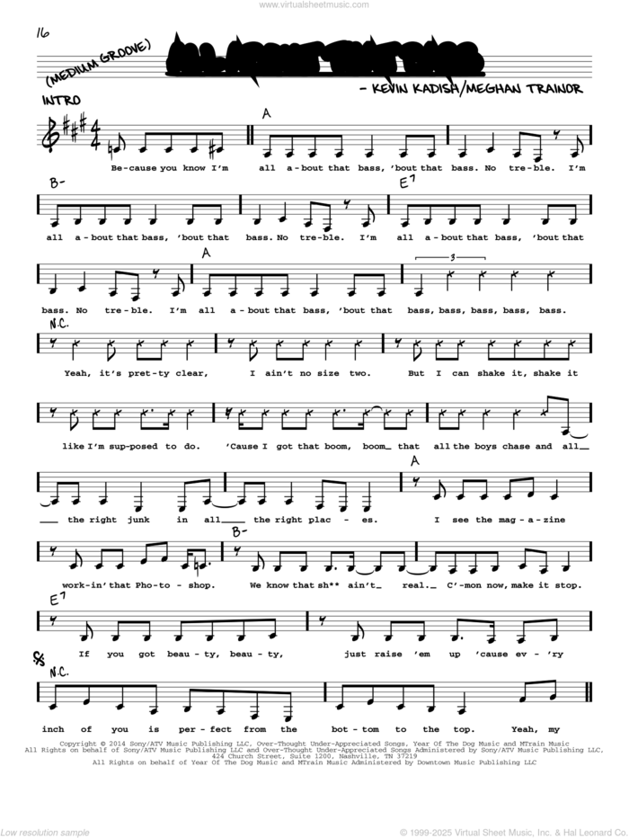 All About That Bass sheet music for voice and other instruments (real book with lyrics) by Meghan Trainor and Kevin Kadish, intermediate skill level