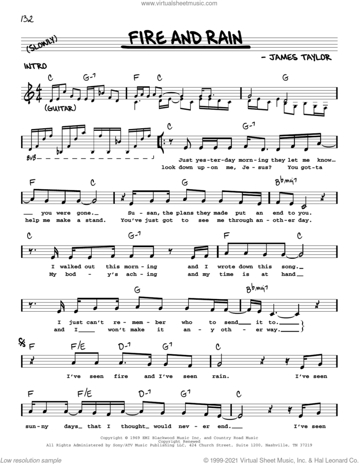 Fire And Rain sheet music for voice and other instruments (real book with lyrics) by James Taylor, intermediate skill level